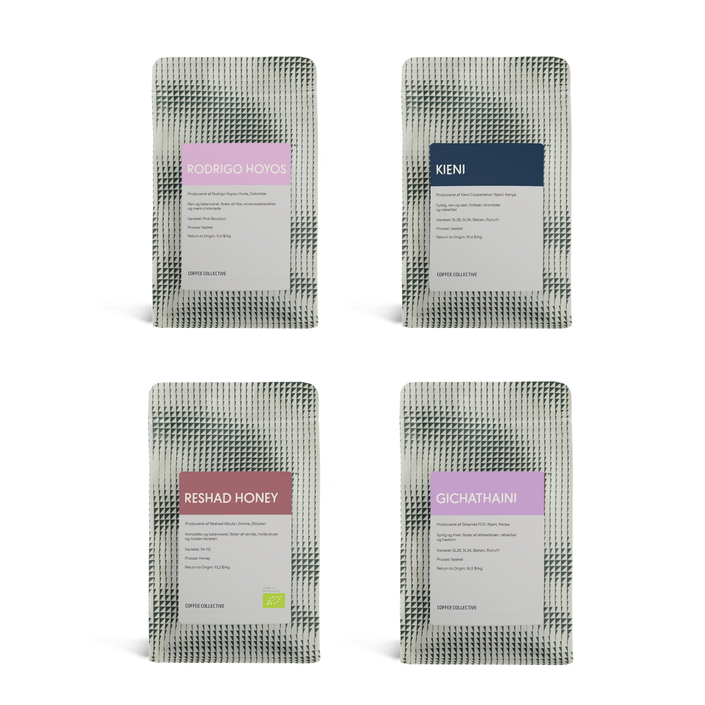 Four coffee pouches arranged in a 2x2 grid on a white background. The top-left pouch is labeled 'RODRIGO HOYOS' with a pink label, the top-right is 'KIENI' with a dark blue label, the bottom-left is 'RESHAD HONEY' with a pinkish-brown label, and the bottom-right is 'GICHATHAINI' with a light purple label.